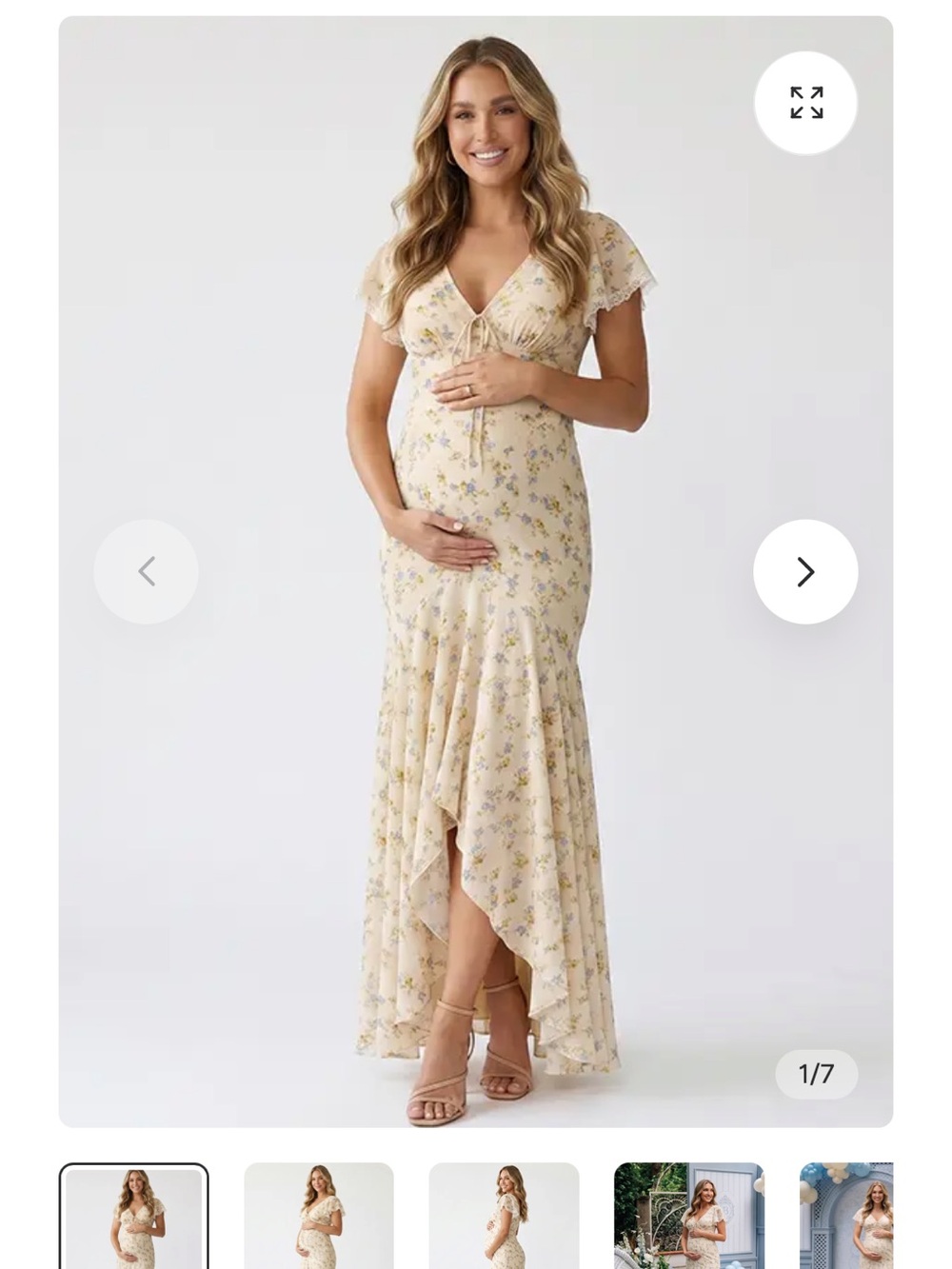 Floral V-Neck Maternity Maxi Dress butter yellow with blue flowers